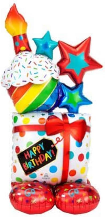 Two colorful stacked birthday icons foil balloons by Anagram, featuring festive designs perfect for celebration decorations.