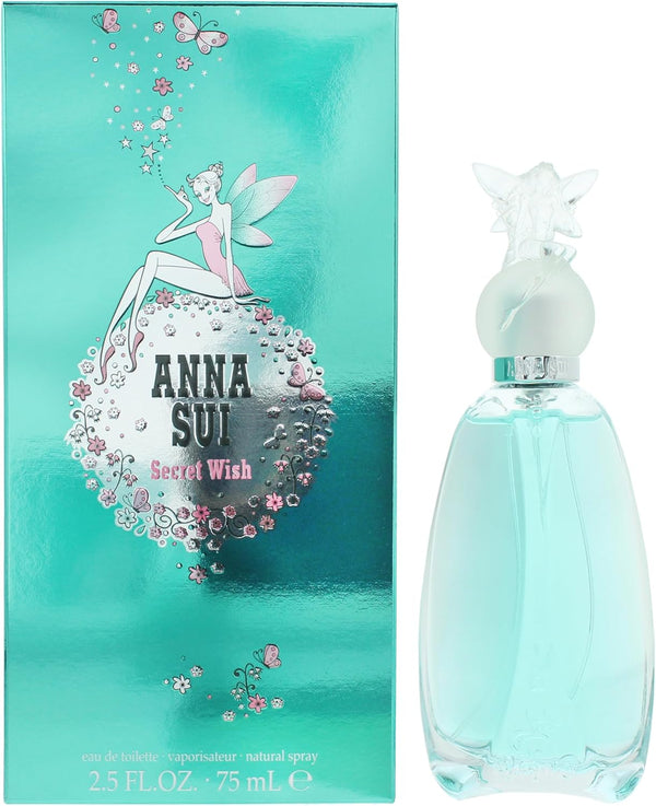 Anna Sui Secret Wish Eau de Toilette spray for women, 75ml, featuring floral and fruity fragrance notes in a decorative bottle.