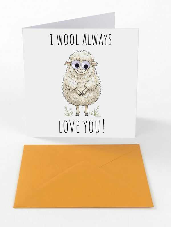 Googly Cards Funny "I Wool Always Love You!" Greeting Card with Googly Eyes and Orange Envelope