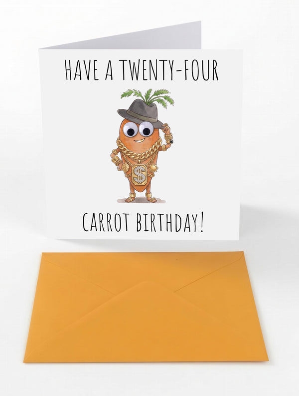 Googly Cards Funny "Have a Twenty-Four Carrot Birthday!" Birthday Card with Googly Eyes and Orange Envelope