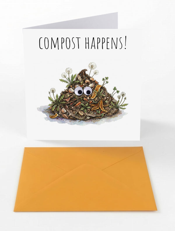 Googly Cards Funny "Compost Happens!" Greeting Card with Googly Eyes and Orange Envelope