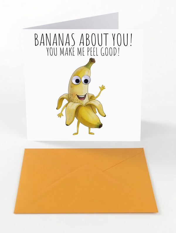 Googly Cards Funny "Bananas About You! You Make Me Peel Good!" Greeting Card with Googly Eyes and Orange Envelope