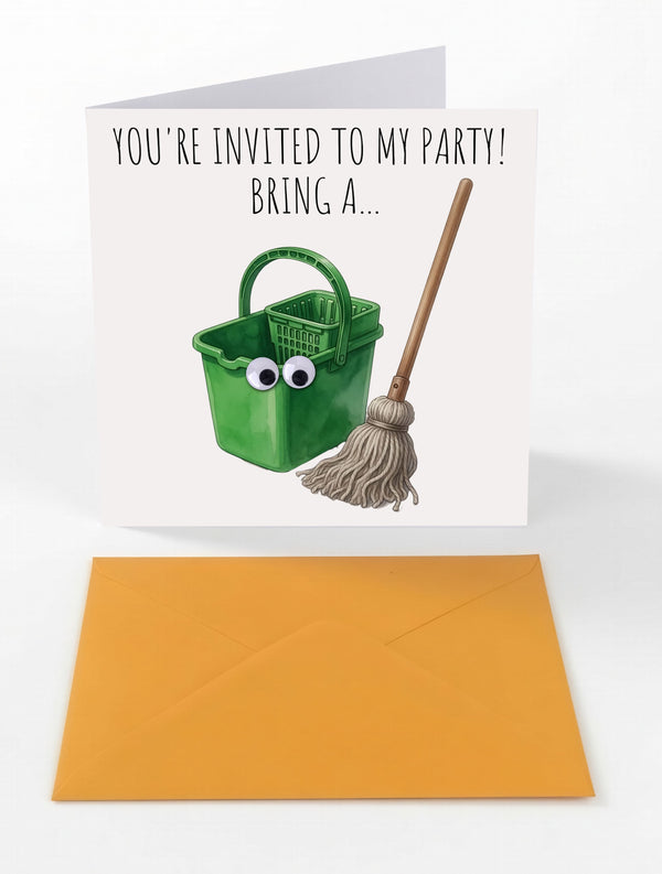 Googly Cards Funny "You're Invited to My Party! Bring a..." Party Invitation Card with Googly Eyes and Orange Envelope
