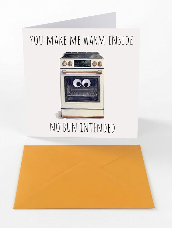 Googly Cards Funny "You Make Me Warm Inside. No Bun Intended." Greeting Card with Googly Eyes and Orange Envelope