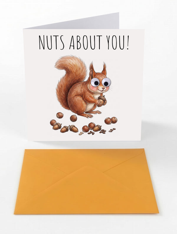 Googly Cards Funny "Nuts About You!" Greeting Card with Googly Eyes and Orange Envelope