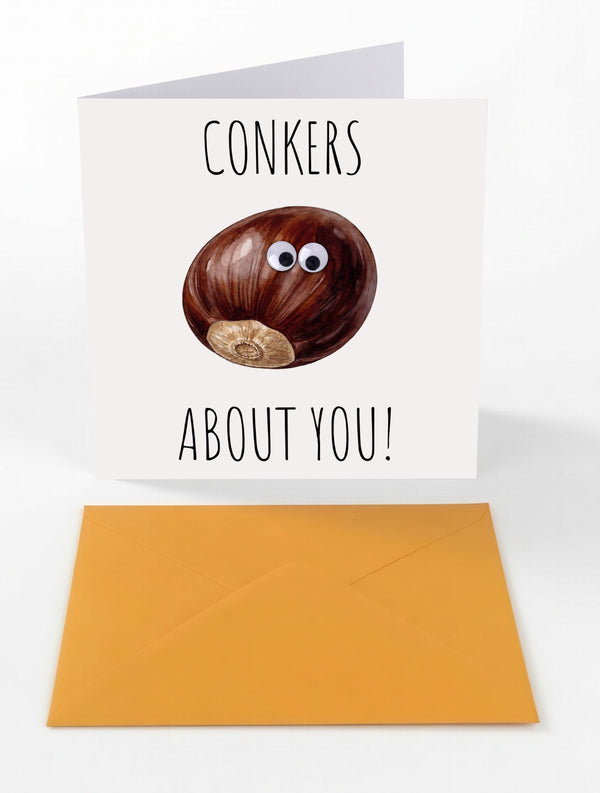 Googly Cards Funny "Conkers About You!" Greeting Card with Googly Eyes and Orange Envelope