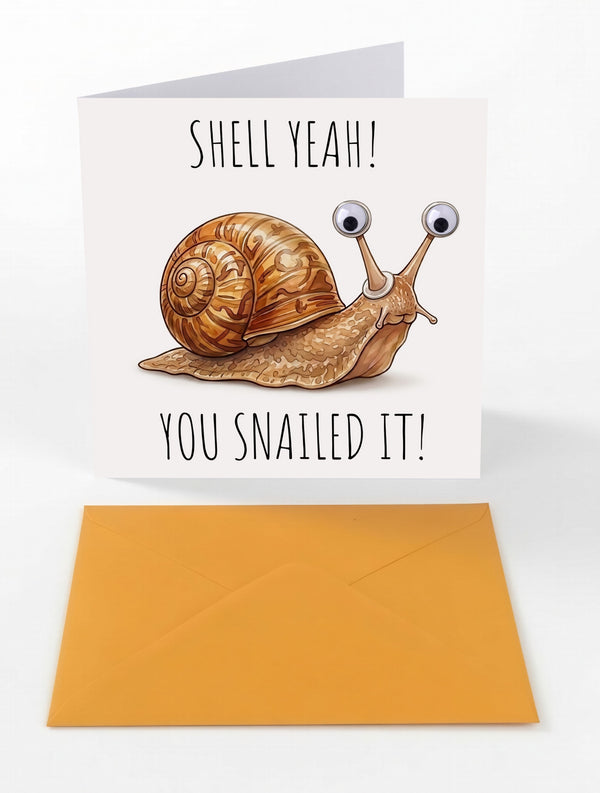 Googly Cards Funny "Shell Yeah! You Snailed It!" Congratulations Card with Googly Eyes and Orange Envelope