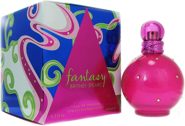 Britney Spears Fantasy Eau de Parfum 100ml bottle for women with a colorful, whimsical design, showcasing the fragrance packaging.