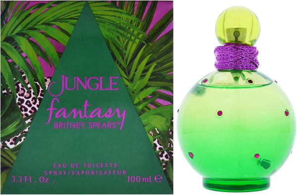 Britney Spears Jungle Fantasy 100ml women's Eau de Toilette spray featuring a colorful floral and jungle-inspired fragrance bottle.