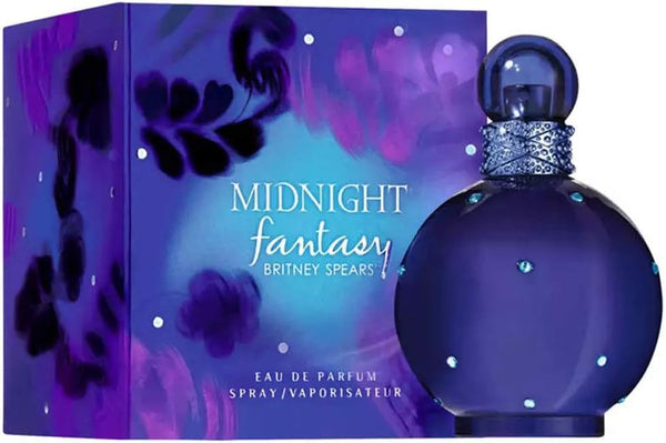 Britney Spears Midnight Fantasy Eau de Parfum 100ml for women, featuring a sleek perfume bottle with a dark purple finish.