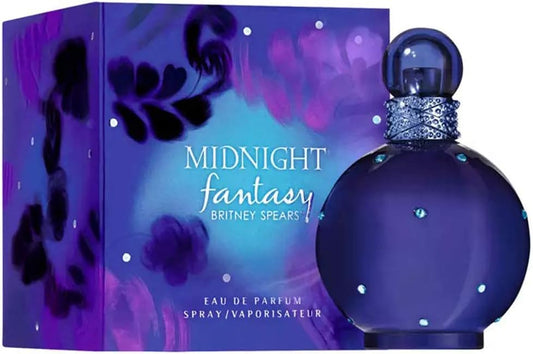 Britney Spears Midnight Fantasy Eau de Parfum 100ml for women, featuring a sleek perfume bottle with a dark purple finish.