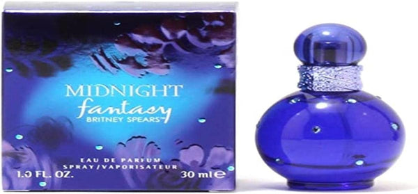 Britney Spears Midnight Fantasy Eau de Parfum spray for women, 30ml bottle with a dark, elegant design.