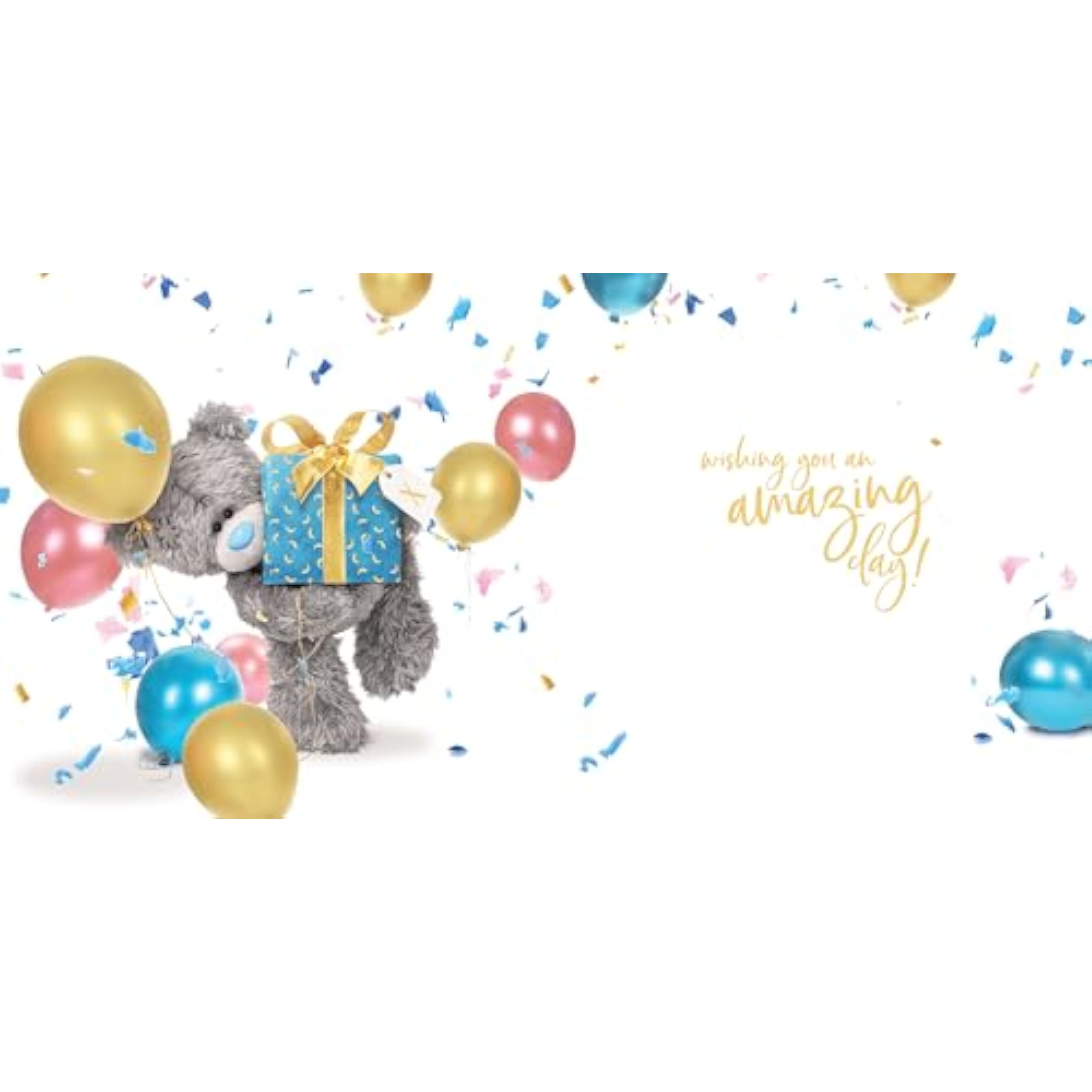 Cute Carte Blanche bear holding a present, soft plush toy with detailed stitching and a festive appearance.