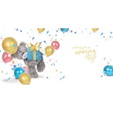 Cute Carte Blanche bear holding a present, soft plush toy with detailed stitching and a festive appearance.