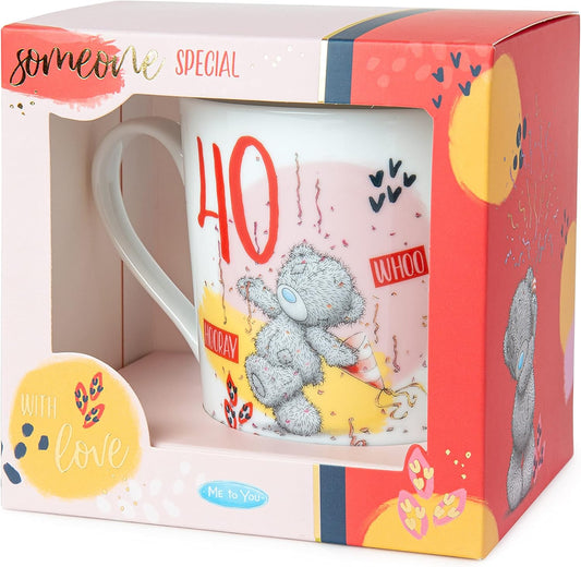 White ceramic Me To You Bear 40th birthday boxed mug by Carte Blanche, featuring a cute bear design on the front.