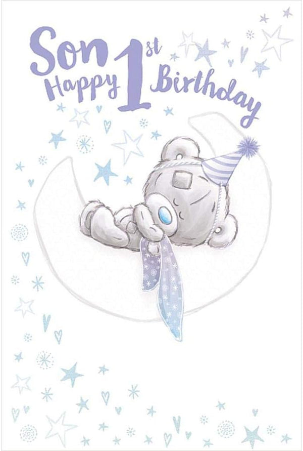 Me To You Bear first birthday card by Carte Blanche featuring a cute teddy bear design on a colorful background.