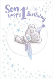 Me To You Bear first birthday card by Carte Blanche featuring a cute teddy bear design on a colorful background.