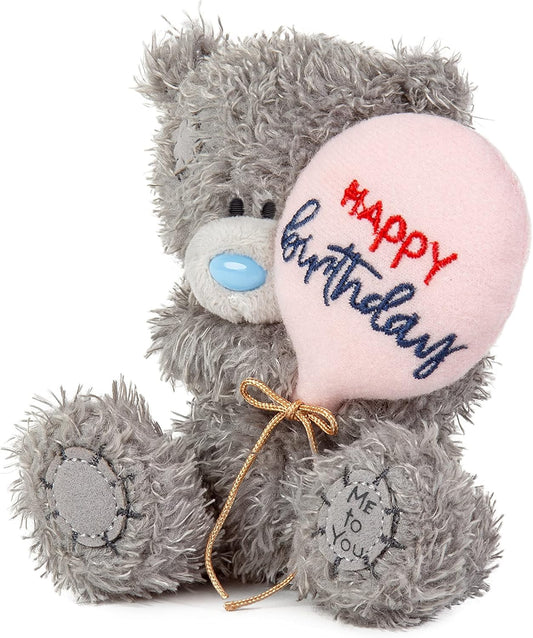 Grey Me to You Tatty Teddy bear holding a balloon, 10cm Happy Birthday plush toy from Carte Blanche's official collection.