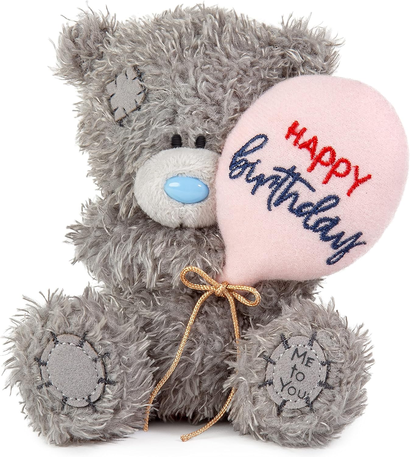 Grey Me to You Tatty Teddy birthday bear holding balloon, 10cm, official Carte Blanche collection, cute and cuddly plush toy.