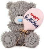 Grey Me to You Tatty Teddy birthday bear holding balloon, 10cm, official Carte Blanche collection, cute and cuddly plush toy.