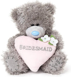 Tatty Teddy Bear bridesmaid soft toy holding a love heart on a gift plinth, from Carte Blanche, adorable plush wedding gift.