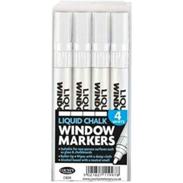 County Window White Liquid Chalk Markers shown with three white chalk markers for glass or chalkboard writing.