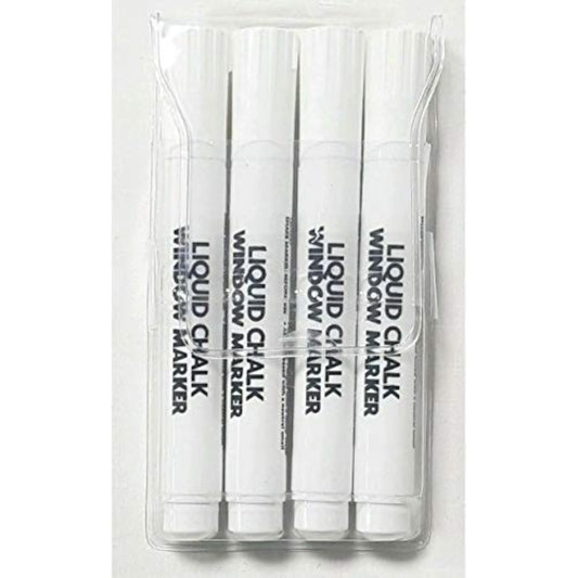 County Window White Liquid Chalk Markers set with four chalk markers for smooth, vibrant writing on glass and chalkboards.