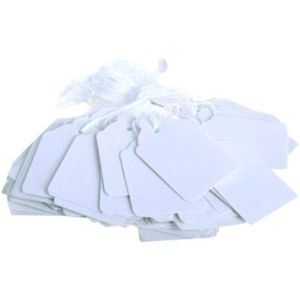 White greeting card hang tags with strings, 28x43mm, County brand, shown with printed design on a white background.