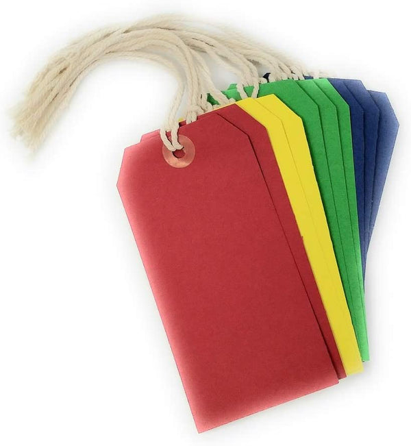 Set of 10 County 120x60mm assorted strung tags for stationery, featuring colorful paper tags with attached strings for labeling.