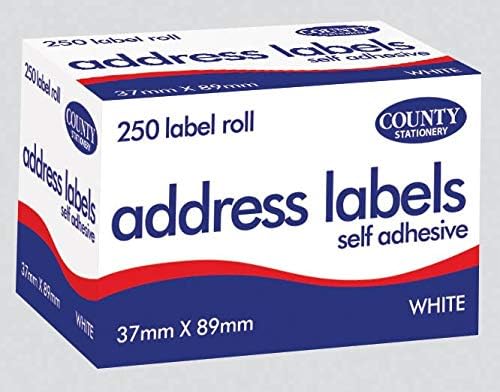 Self-adhesive address labels on roll with 250 labels, County stationery product, featuring neatly printed address details on white labels.
