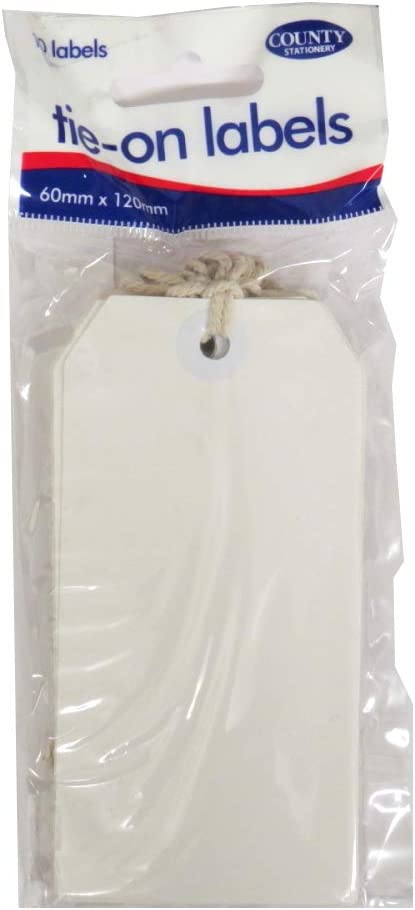 White tie-on labels measuring 120x60mm from County stationery, shown as durable tags in a pack of 10.