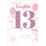 Sparkling Wishes 13th Birthday Card for Wonderful Daughter - Pink Glitter & Balloons