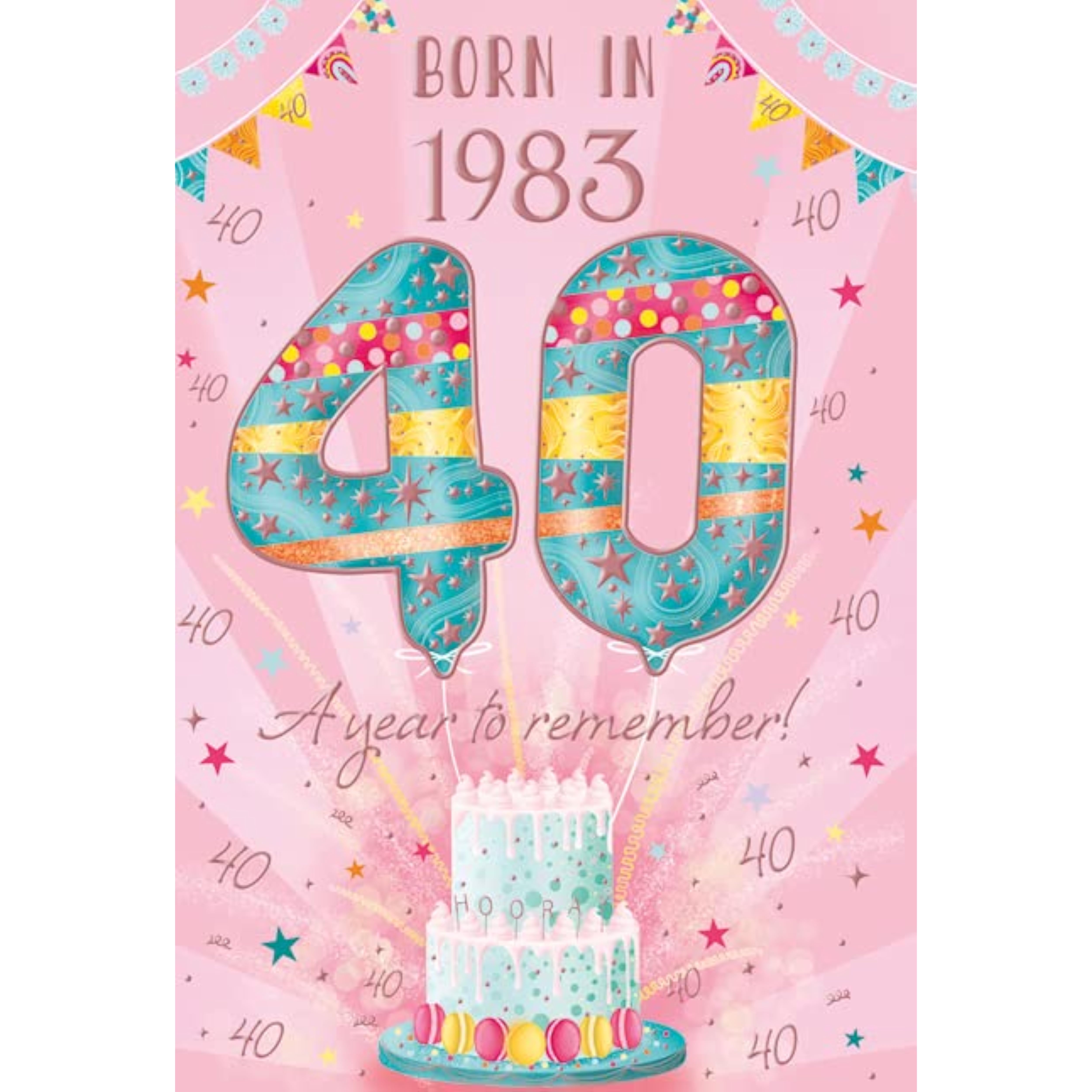 2023 Female Milestone Age 40 Birthday Card - 40th Birthday Balloons and Cake - Born in 1983 Year You Were Born - Embossed with Rose Gold Foil