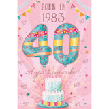 2023 Female Milestone Age 40 Birthday Card - 40th Birthday Balloons and Cake - Born in 1983 Year You Were Born - Embossed with Rose Gold Foil