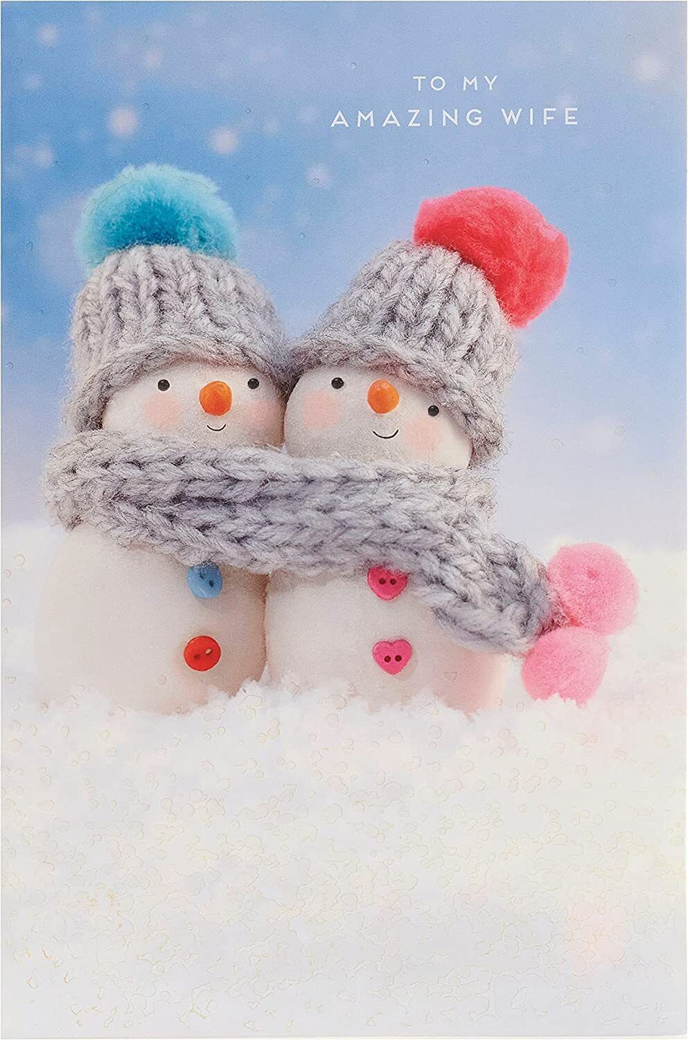 Snowmen Wearing Knitted Hats Wife Christmas Card
