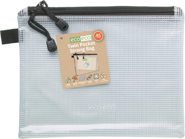 Clear flat pencil case from Eco-Eco Stationery, made with 90% recycled materials, 20x13cm, eco-friendly and durable.