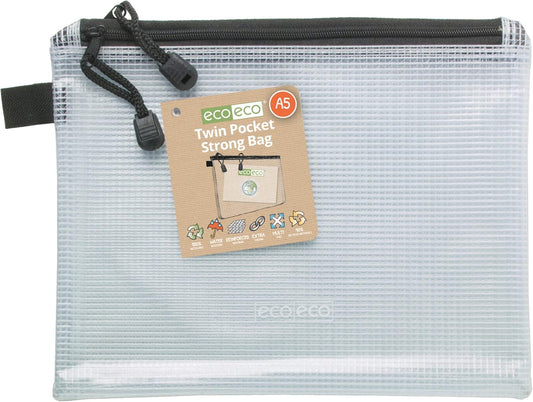 Clear flat pencil case from Eco-Eco Stationery, made with 90% recycled materials, 20x13cm, eco-friendly and durable.