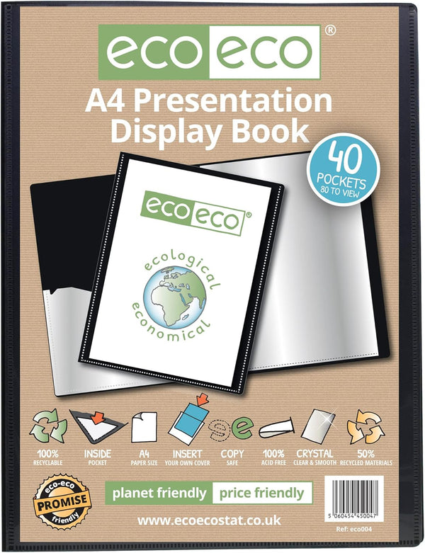 Black A4 presentation display book with 40 pockets, made from 50% recycled materials, Eco-Eco Stationery eco-friendly and durable.