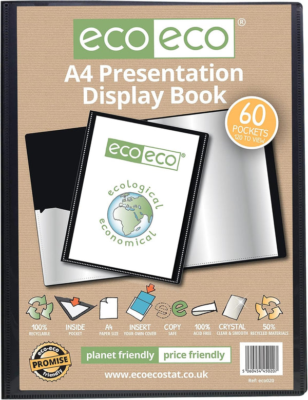 A4 black presentation display book with 60 transparent pockets, eco-friendly recycled material, and durable construction.
