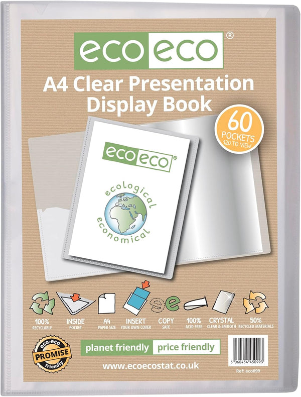 Eco-Eco Stationery A4 clear presentation display book with 60 pockets, made from 50% recycled materials, eco-friendly and durable.