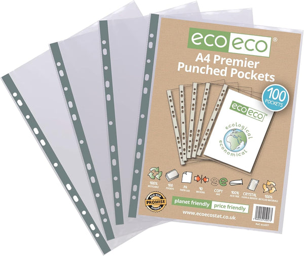 Pack of 100 A4 recycled multi-punched pockets from Eco-Eco Stationery, durable 90-micron eco-friendly document protectors