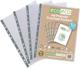 Pack of 100 A4 recycled multi-punched pockets from Eco-Eco Stationery, durable 90-micron eco-friendly document protectors