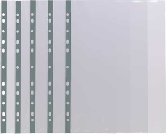 Pack of 100 A4 recycled multi-punched plastic pockets from Eco-Eco Stationery, 90 microns thick, durable and eco-friendly.