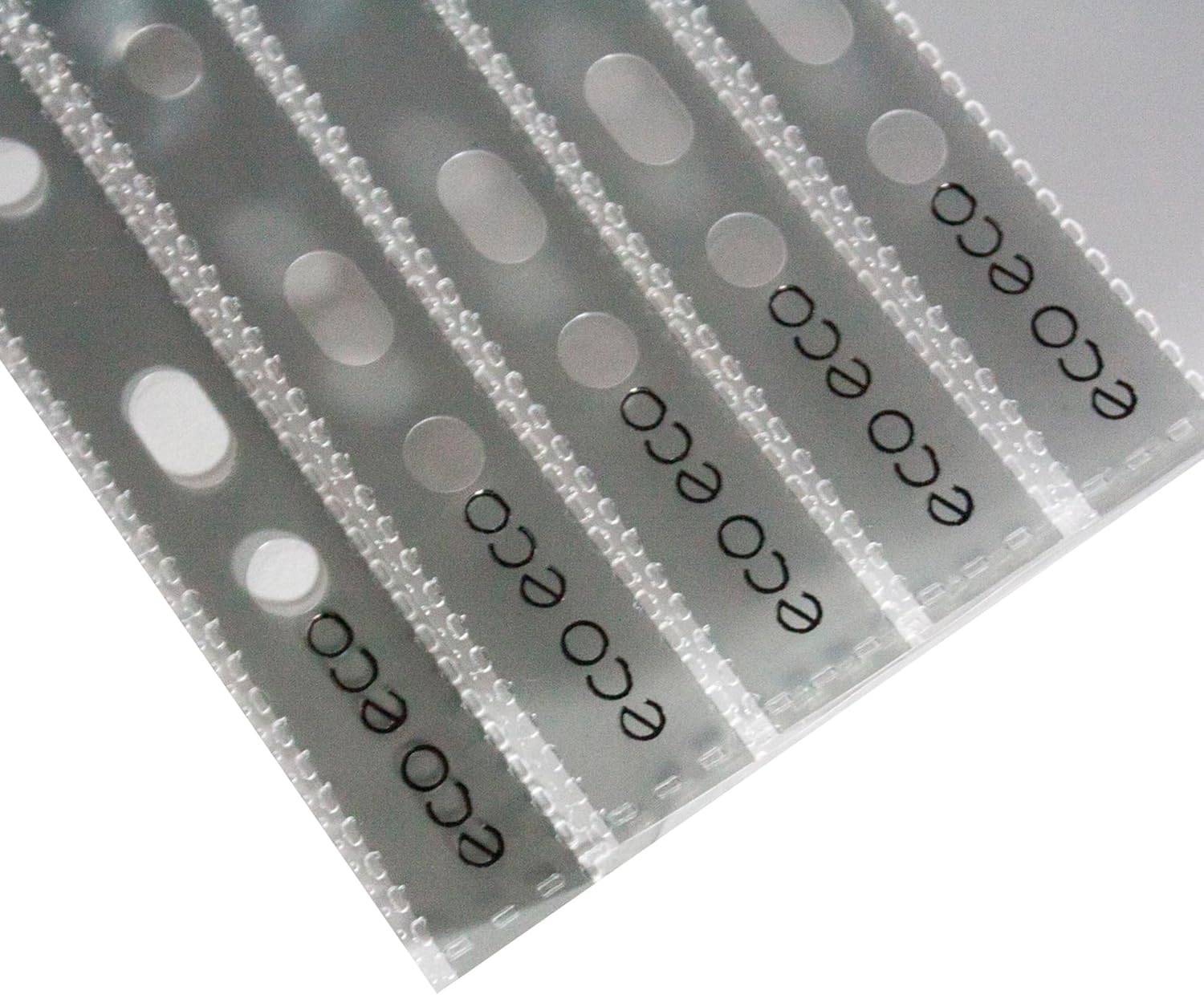 Pack of 100 Eco-Eco Stationery A4 recycled multi-punched document pockets, 90 microns thick, durable and eco-friendly.