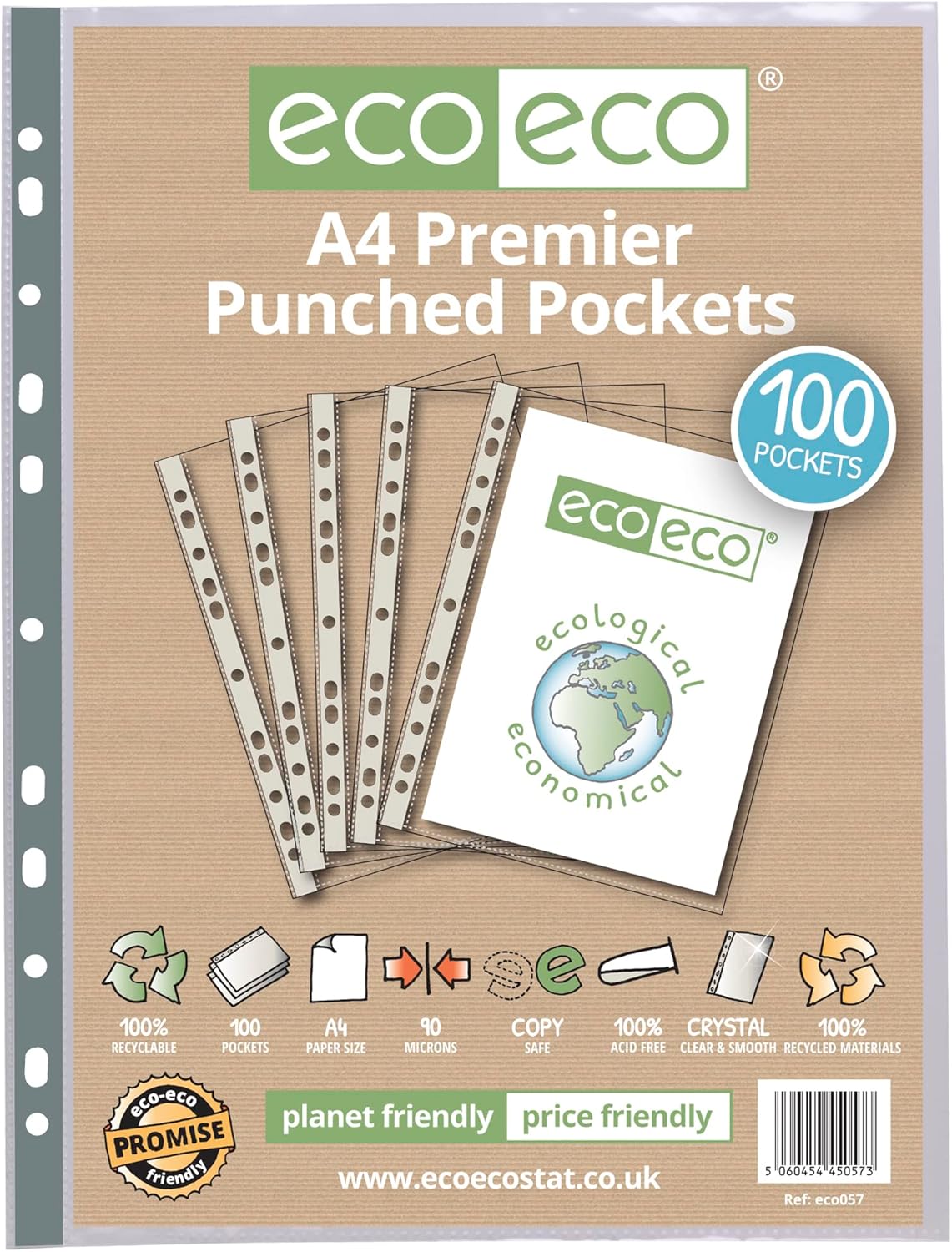 Pack of 100 Eco-Eco Stationery A4 recycled multi-punched document pockets, 90 microns, durable and eco-friendly for office use.