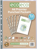 Pack of 100 Eco-Eco Stationery A4 recycled multi-punched document pockets, 90 microns, durable and eco-friendly for office use.