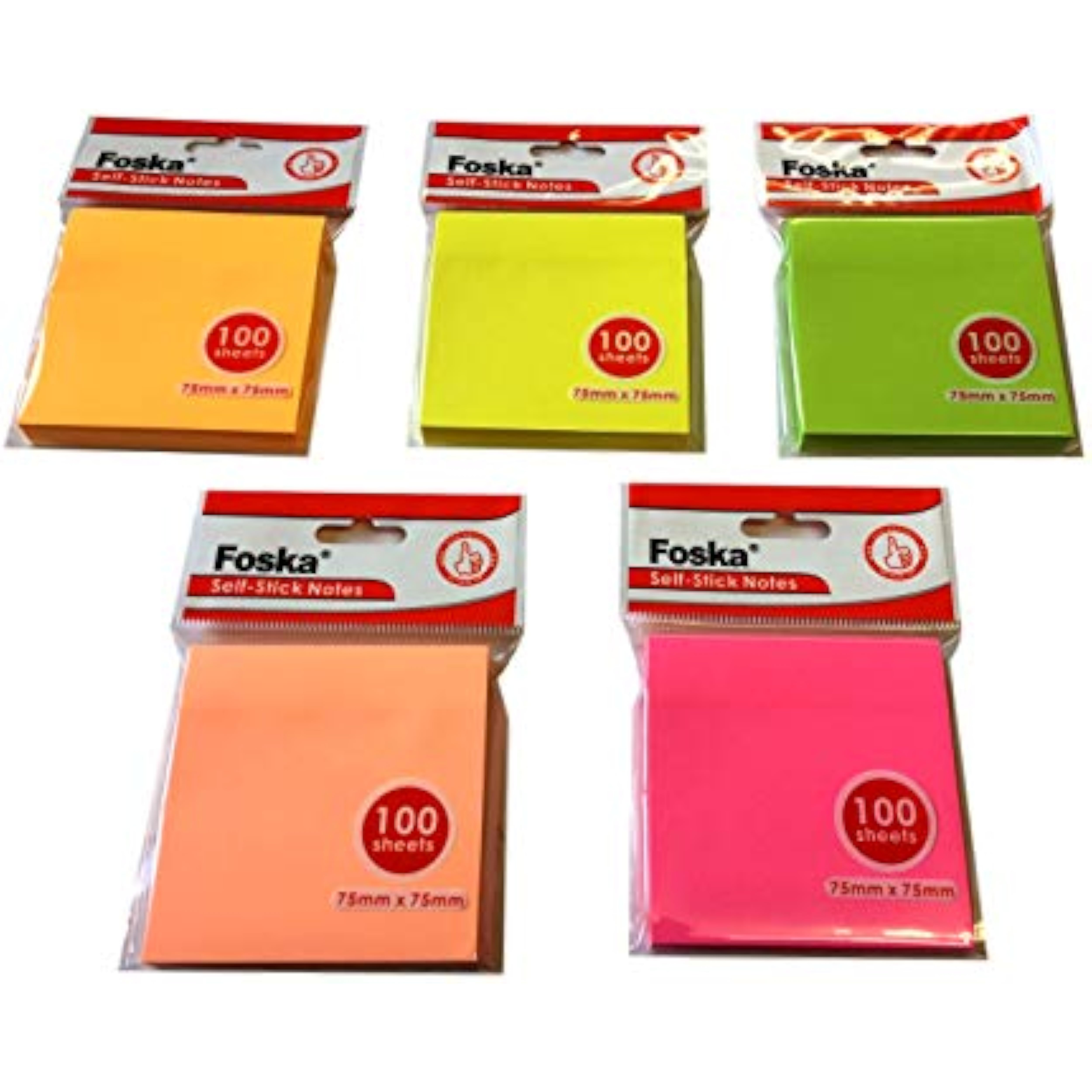 Bright neon self-sticky notes from Foska, 75x75mm, 100 sheets, featuring vibrant colors and adhesive backing for easy note-taking.