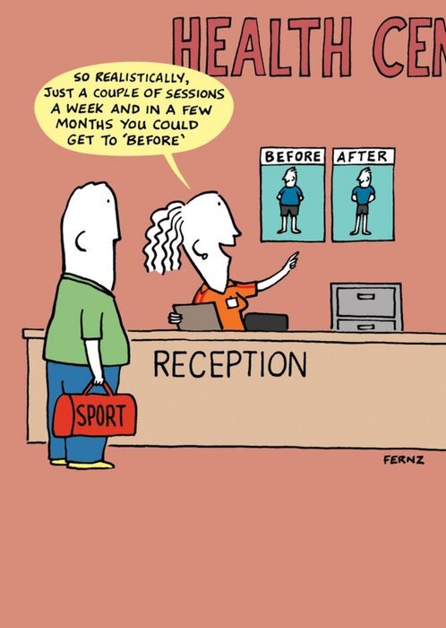 Funny fitness birthday card for him with a cartoon before and after gym joke, by GBCC, featuring humorous gym transformation illustrations.