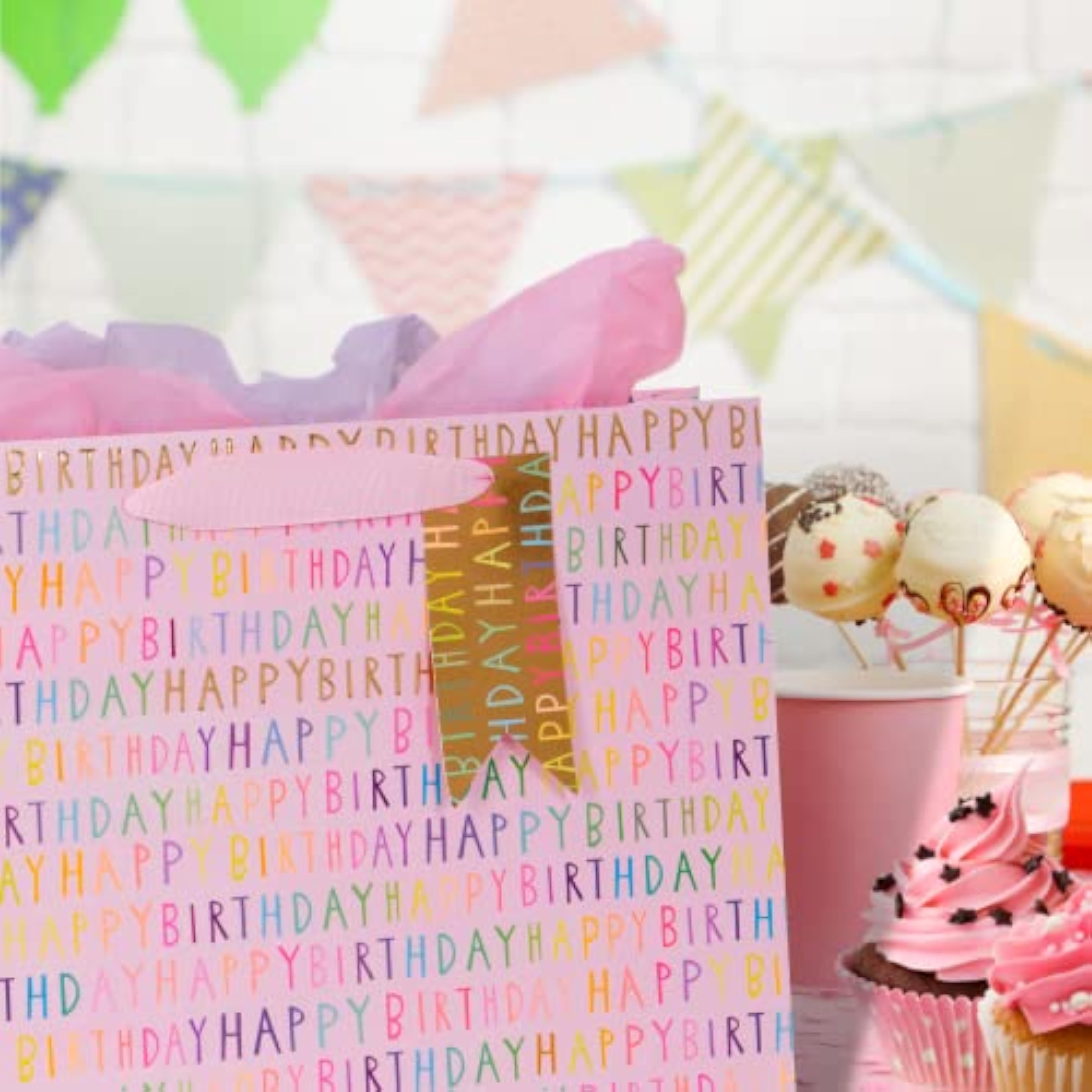 Pink Glick GLK luxury birthday gift bag with happy birthday landscape design, measuring 275x355x100 mm.