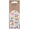 Set of four GLK Glick Luxury Gift Tags featuring multicoloured "Happy Birthday" designs for festive gift wrapping.